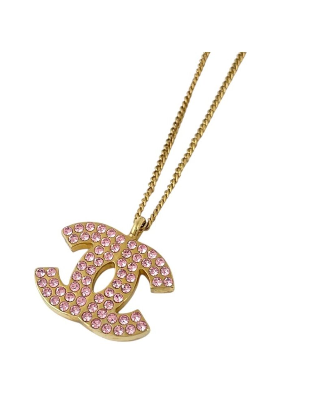 Chanel Necklace CC Logo Rhinestone Gold Pink